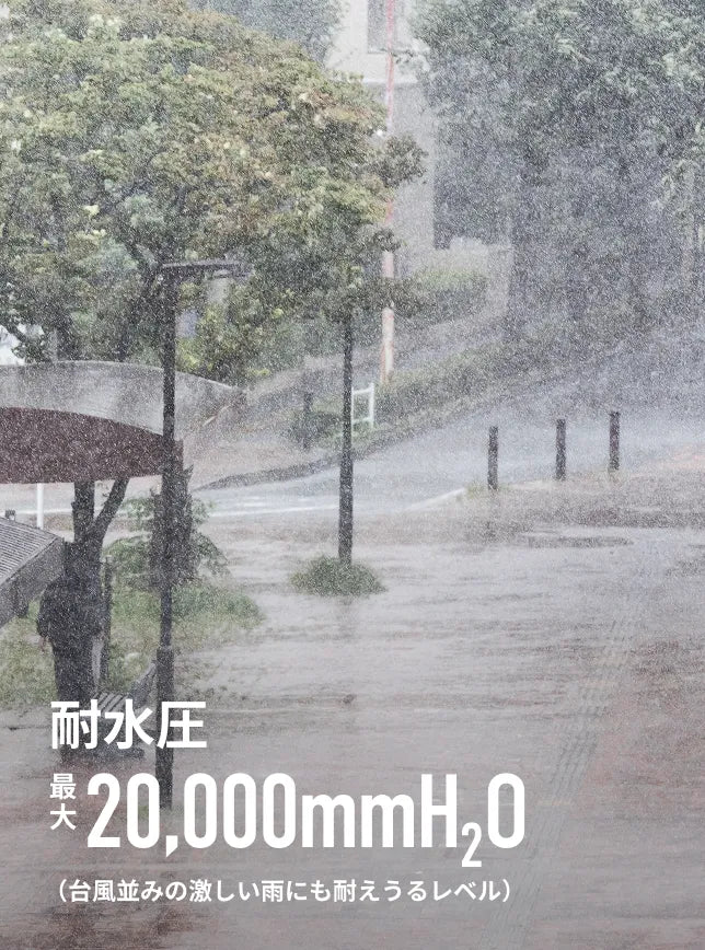 耐水圧は台風並みの激しい雨にも耐えうるレベル